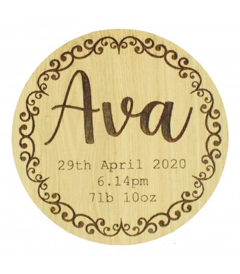 Laser Cut Oak Veneer Personalised Birth Announcement Plaque - Name, Date, Time & Weight with Swirl Frame